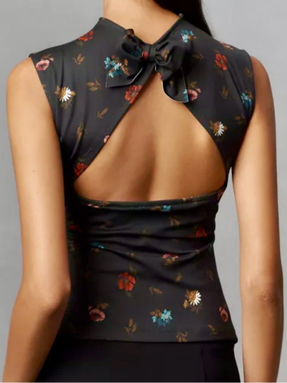 Anthropologie Black Floral Open-Back Bow Tank